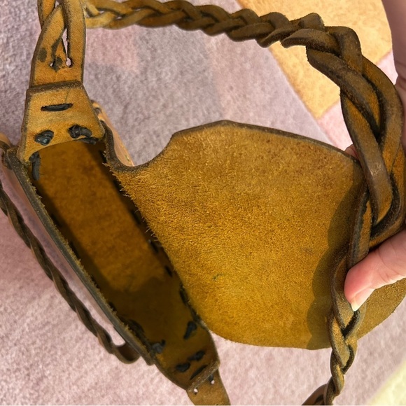 Vtg 70s Tooled Thick Stitch Flower Leather Braided Painted Bohemian Shoulder Bag - Picture 14 of 16